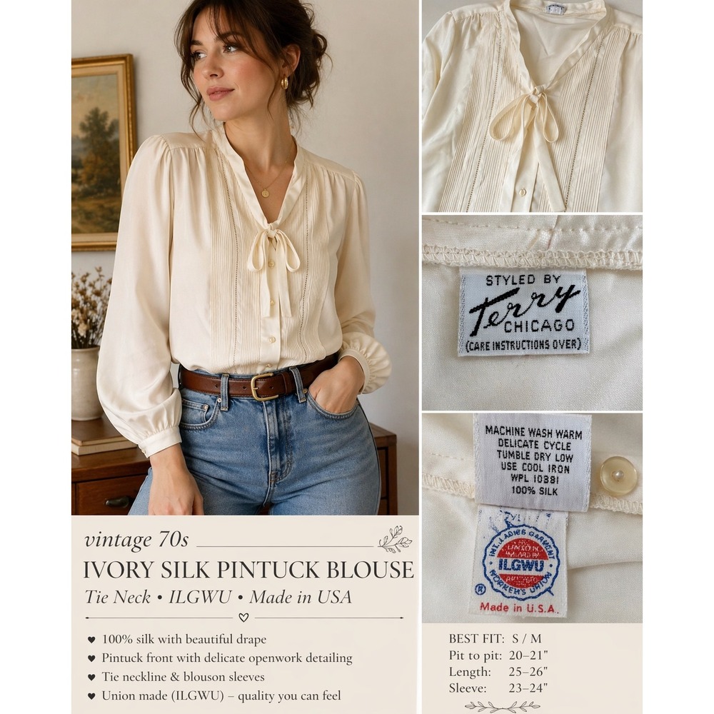 Vintage Terry Chicago Ivory Silk Pintuck Blouse Tie Neck ILGWU 70s Cream Top